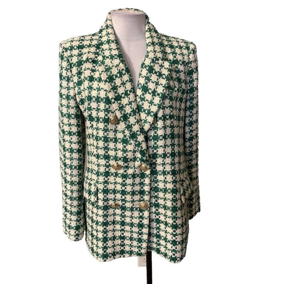 Zara Green Tweed Oversized Double Breasted Blazer Jacket Blogger’s Fave L Large - Picture 2 of 16